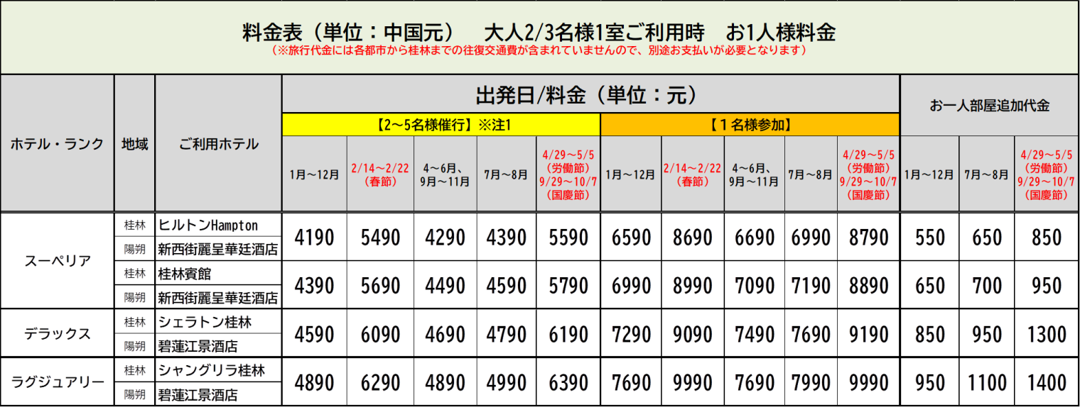 桂林・陽朔・龍勝 3日間::ホテル価格表