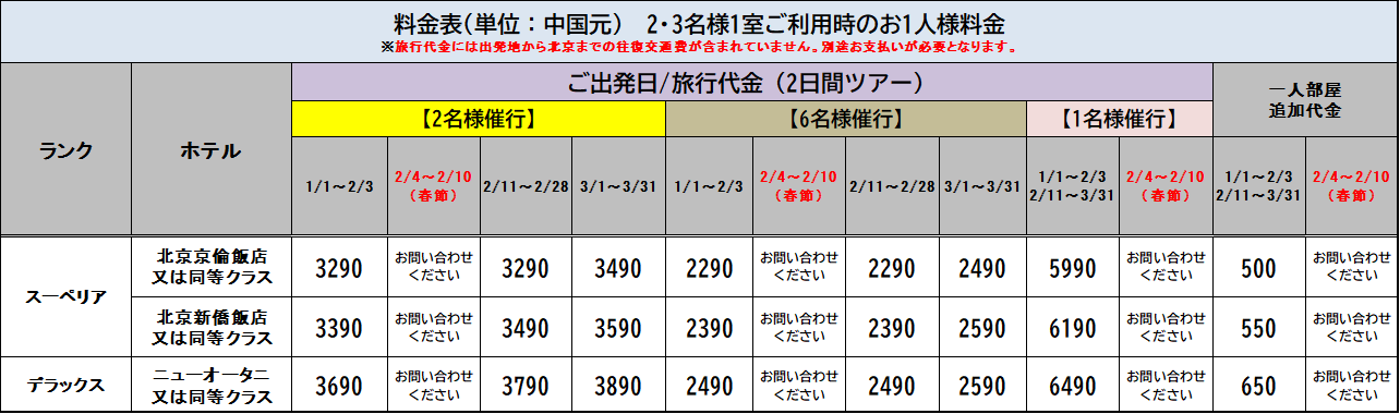 たっぷり　北京２日間::ホテル価格表